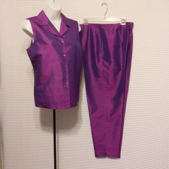 ALLISON TAYLOR SILK PETITES Pants - 100% SILK SHIMMERY PURPLE 2 PC SET TANK & PANTS